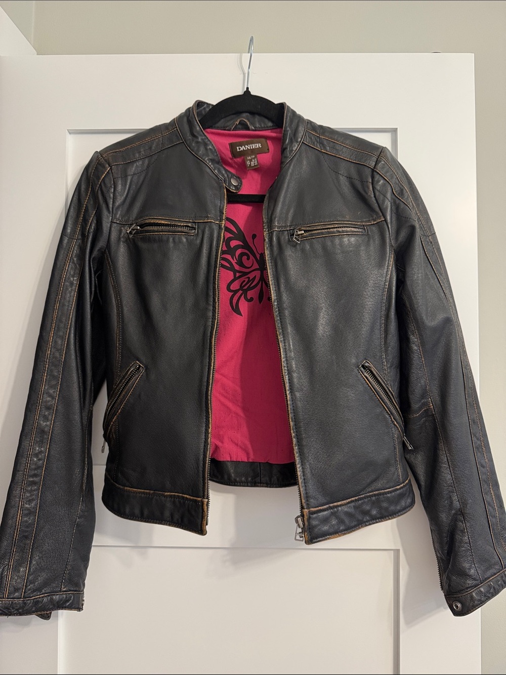 Danier Black Leather Jacket with Pink Lining